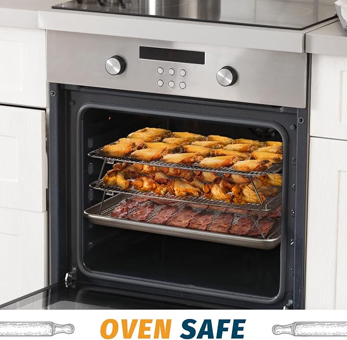 HIWARE Oven-Salf Collapsible Cooling Rack for Baking, 3 Tier 12”x 16.5”, Stainless Steel and Fit Half Sheet, Stackable Wire Cooling Racks for Cookie, Pizza, Cake