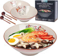 NJCHARMS Ceramic Ramen Bowl Set of 2, 42 oz Japanese Noodle Soup Bowls with Spoons and Chopsticks for Ramen Soup Pho Udon Asian Noodles, Large Noodle Bowls(Beige)