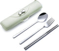 DEVICO Travel Silverware Set with Case,Portable Lunch Utensils Set for Work | 4Pcs 18/8 Stainless Steel Reusable Travel Cutlery Set, Fork and Spoon Set for Camping/School/Lunch Box, Dishwasher Safe,Green
