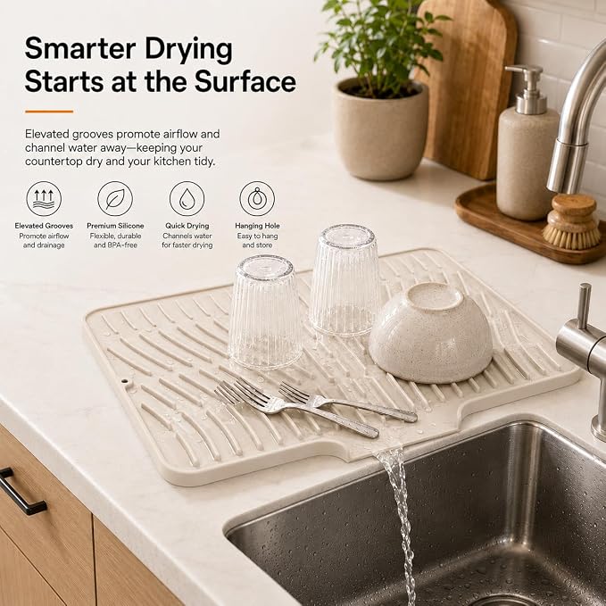 Silicone Dish Drying Mat with Drain Lip (Beige, 15.8inx13in) | Raised ridges elevate dishes and create space for water to move across the silicone surface.
