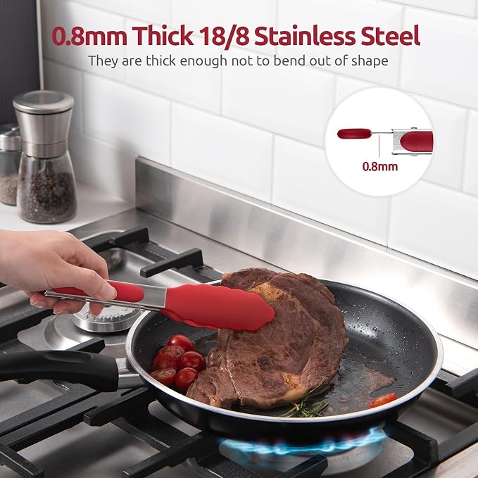U-Taste Kitchen Tong for Cooking, 600ºF Heat-Resistant Silicone, 7in/Red | Small Mini Silicon Tongs for Serving Food, Short Salad Thong with Non Stick Rubber Tips & 18/8 Stainless Steel Handle