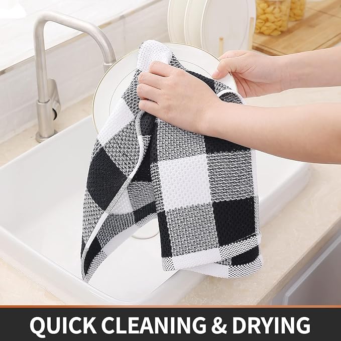Homaxy Kitchen Towels and Dishcloths Set, Set of 16, White & Black | Bulk Cotton Waffle Weave Check Plaid Kitchen Towels, Super Soft and Absorbent Dish Cloths, 12 x 12 and 13 x 28 Inches