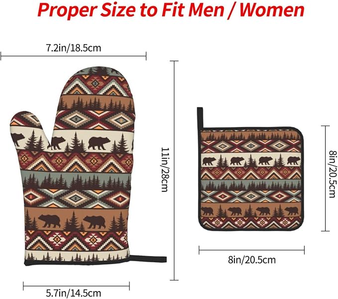Vintage Rustic Oven Mitts and Pot Holders Sets Cabin Kitchen Decor | Set of 3 Heat Resistant Farmhouse Hot Pads Bear Mountain Oven Gloves for Kitchen Cooking BBQ Baking