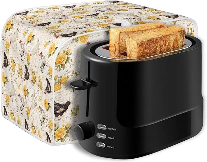 Flowers Rooster Printed Toaster Cover 4 Slice Long Slot, Vintage Bread Maker Cover Washable Dust Protection Kitchen Small Appliance Covers with Top Hook