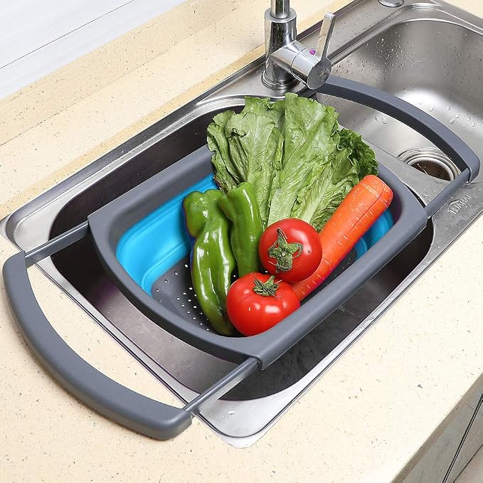 Qimh Colander Collapsible, Colander Strainer Over the Sink Food Colanders Strainers with Extendable Handles, 6-Quart, Dishwasher-Safe Kitchen Folding Strainer for Pasta, Veggies and Fruits