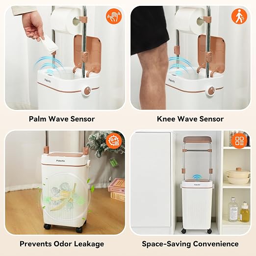 Pukomc Automatic Trash Can, 3.2 Gallon Bathroom Garbage Can | Mobile Rolling Wheels, Height-Adjustable Stand Tilting, Technology Sensor Waterproof Wastebasket for Bedroom Office Bathroom