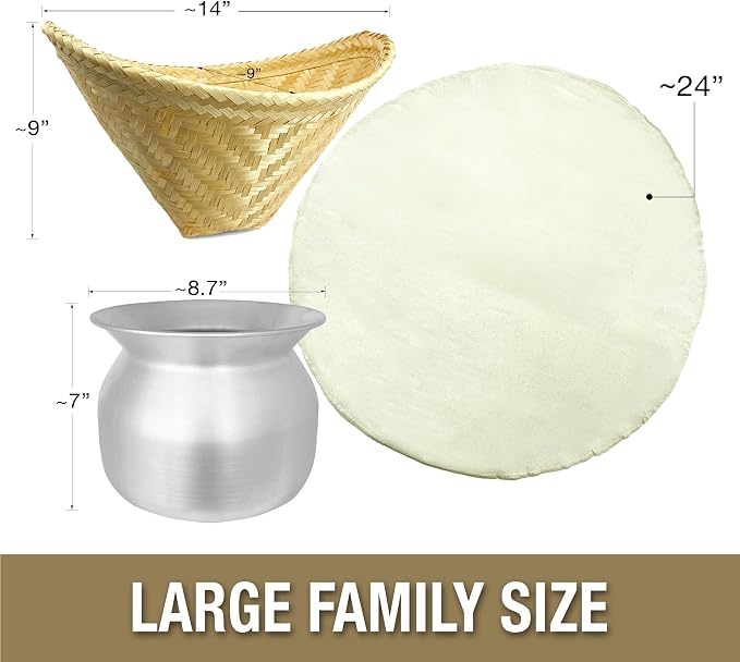 Sticky Rice Essential Starter Set - Includes Steamer Pot, Handcrafted Bamboo Wing Basket, 24” Grade 90 Cheesecloth & 500g. Premium Thai Sticky Rice