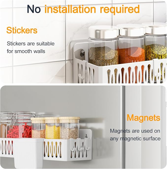 4-Pack Magnetic Spice Rack for Refrigerator with Hooks, White | Strong multipurpose magnetic shelf for kitchen & bathroom organization. Includes 4 removable hooks for hanging items.