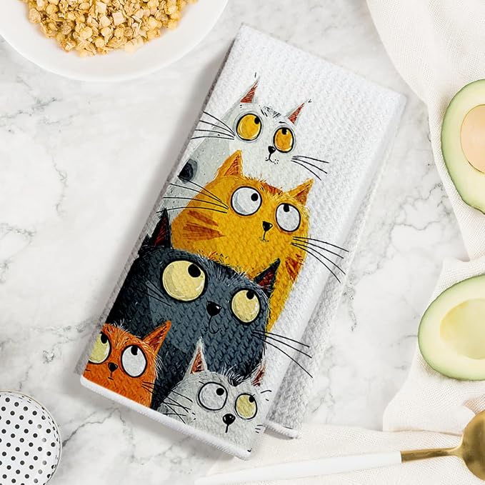 3 Pcs Cute Cat Kitchen Towels, Funny Cats Gifts Absorbent Hand Towels-05 | Cat Dish Cloths for Drying Dishes, Cats Waffle Dish Towels for Kitchen Home Bathroom Decor, Cat Lover Gifts for Women Mom