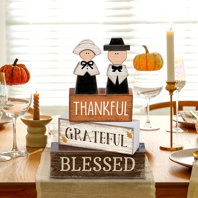 Lineshading 4 Pcs Wooden Fall Pilgrim Block Signs Tabletop Decor | Thanksgiving Home Decorations, Rustic Tiered Tray Accents, Thankful Grateful Blessed Text, Pilgrim Couple Figurines