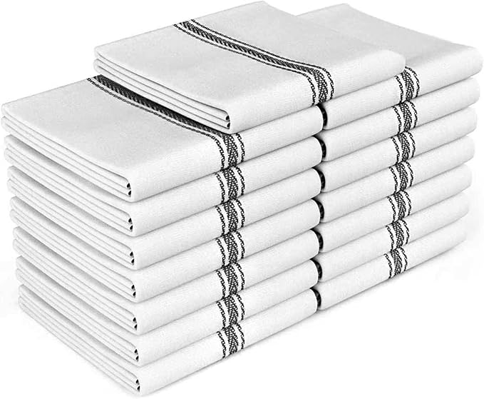 Zeppoli Classic Kitchen Towels - 15 Pack 100% Natural Cotton Kitchen Towel Set, Reusable Wash Cloths, Absorbent Dish Towels, Machine Washable Hand Towels, Kitchen Essentials, 14” x 25”, Black Striped