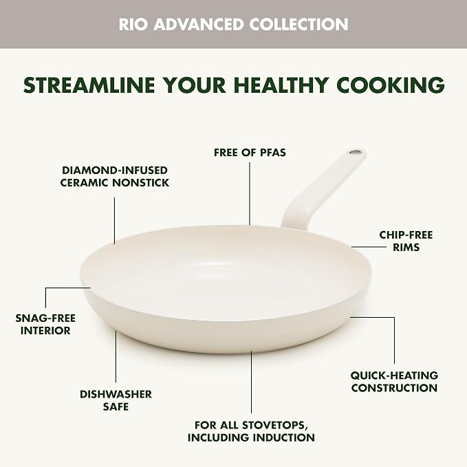 GreenPan Rio Advanced 12" Frying Pan Skillet, Ceramic Nonstick PFAS-Free, Induction Ready, Dishwasher and Oven Safe, Cream White