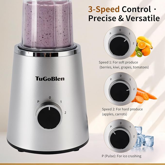 TuGoBlend Mini Blender with 2 Portable Cups (20oz + 13.5oz), 4-Blade Stainless Steel Blade Base, Personal Blender for Smoothies, Shakes, Juices, BPA-Free for Home, Office, Gym & Travel