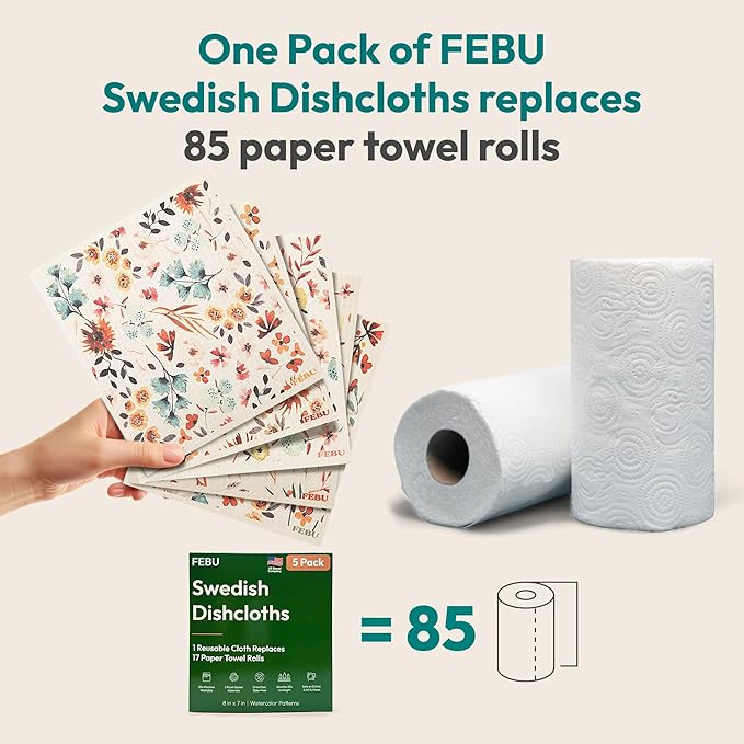 Swedish Dishcloths for Kitchen, 5 Pack, Vintage Kitchen | Reusable Paper Towels Washable, Non-Scratch Cellulose Sponge Cloths, No Odor, Biodegradable