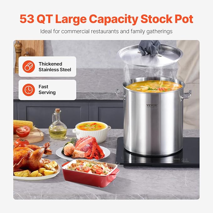 VEVOR Stainless Steel Stockpot, 53 Quart Large Cooking Pots, Cookware Sauce Pot with Lid, and Handle, Heavy Duty Commercial Grade Stock Pot, Sanding Treatment, for Large Groups Events Silver