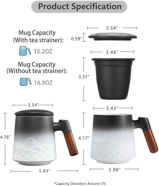 ZENS Tea Mug with Infuser and Lid for Loose Leaf Tea Steeper, 16.9oz White | Embossed Ceramic Tea Cup with Infuser for Herbal Tea Difussers, Tea Lovers Gifts, Nature Wood Handle