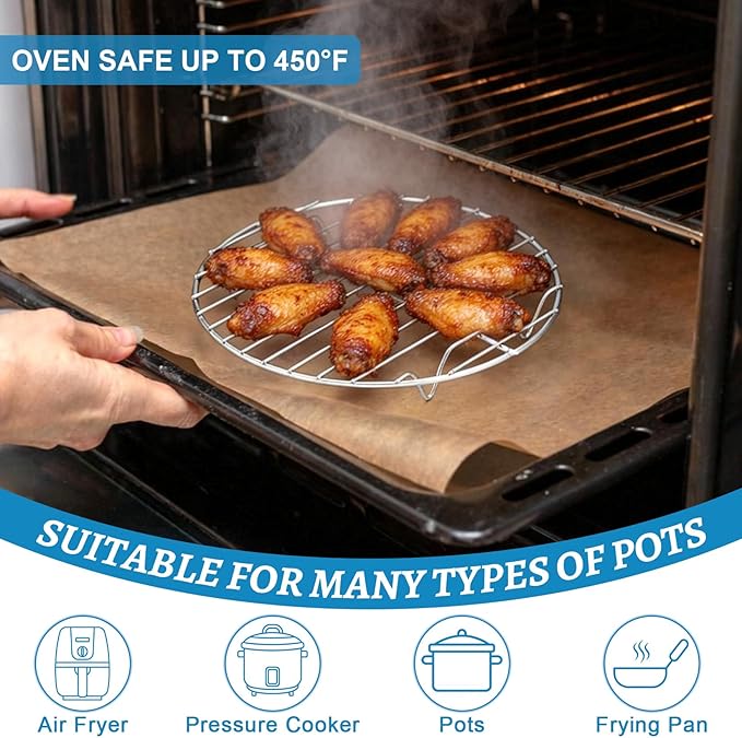 P&P CHEF 10.5 Inch Cooking Rack Round for Steaming Cooling, Silver, 2 Pack | Stainless Steel Round Wire Rack for Baking Grilling, Roasting, Fits Air Fryer, Steamer Pot, Oven & Dishwasher Safe