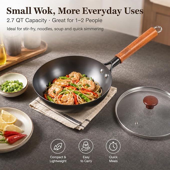 Carbon Steel Wok Pan with Lid, 9.4 Inch Deep Flat Bottom Wok, Coating-Free Carbon Steel Pan for Stir Fry, Soup, Noodles, Braising & Boiling, Small Induction Wok with Wooden Handle