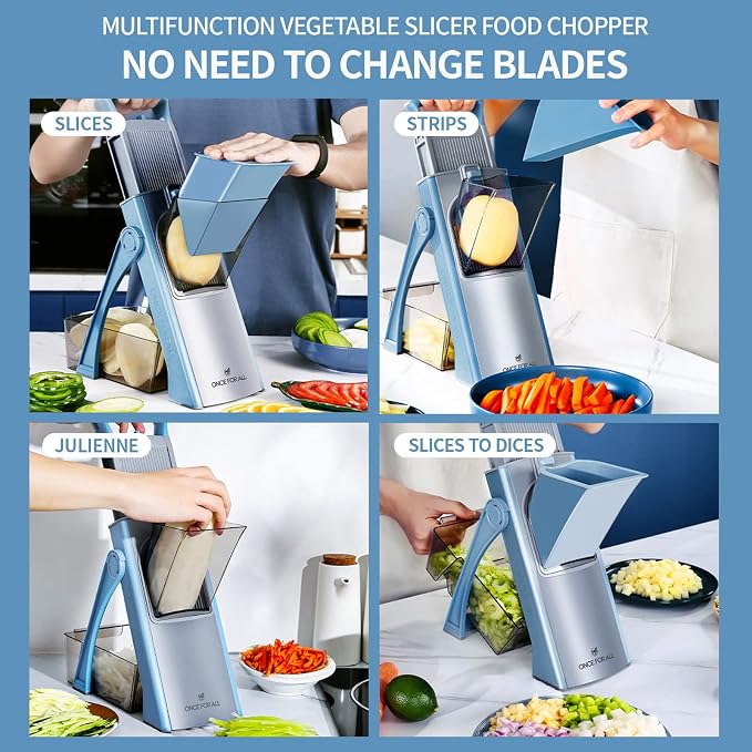 ONCE FOR ALL Upgrade Safe Mandoline Slicer Plus, Bigger Size, SkyBlue | 0.1-8mm Adjustable Vegetable Food Chopper, Potato Fries Cutter, Detachable Blade, Stainless Steel, Dishwasher-safe, Gift