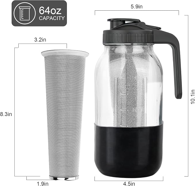 Cold Brew Coffee Maker, 64oz Mason Jar Pitcher with Stainless Steel Filter, Leak-Proof Lid with Pour Spout & Handle, Heavy Duty Glass Iced Coffee Tea Brewer with Protective Silicone Sleeve-Black