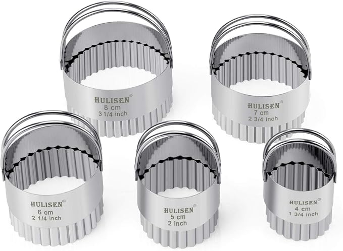 HULISEN Biscuit Cutter Set 5-Pc, Fluted Cookie Cutters with Handle | Stainless Steel, Dishwasher Safe, Etched inch/cm Markings, Gift-Ready Package, Ergonomic Arched Grip, Scones Linzer Cookies