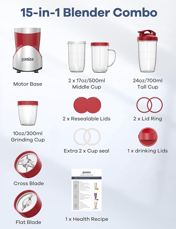 Ganiza Smoothie Blender, 900W Blenders Shakes and Smoothies, Red | 15-Piece Personal Blender and Grinder Combo for Kitchen, Smoothies Maker with 4 BPA-Free Portable Cup, Nutritious Recipe