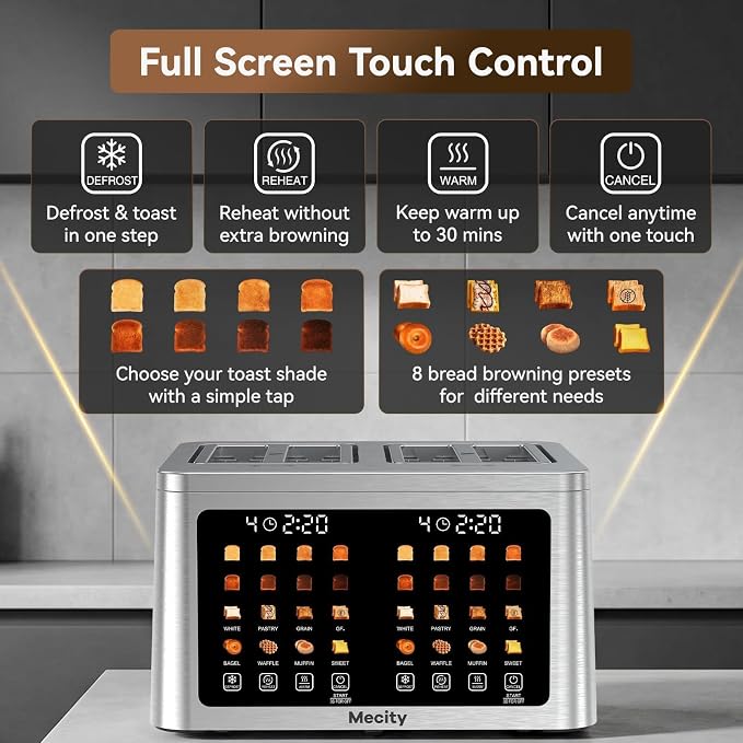 Mecity 4 Slice Toaster Wide Slot, Auto Lift Keep Warm Smart Toaster with Touch Screen, Dual Control Panel, Defrost, Auto Shut Off Digital Toasters for Bagel Muffin Waffle Gluten Free Breads 1700W 120V