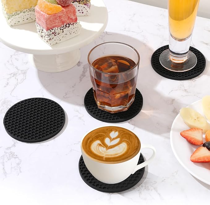 TWTLi Silicone Coasters Set of 12 with Holder — Non-Slip Drink Coasters for Coffee Table, Home Bar & Kitchen, Protects Wood & Marble Surfaces from Water Rings, Dishwasher Safe (12 Pcs, Black)