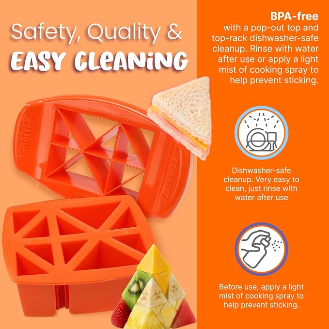 Sandwich Cutter for Kids Lunch, Crustless Bento 2-Pc Set, 1 Pack | Orange Triangles food cutter for toddlers, bite-size uncrustable shapes, bento lunch accessory, BPA-free, dishwasher safe