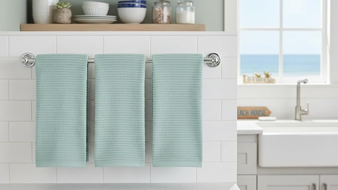 Seafoam Sage Aqua Green Kitchen Dish Towels, 3 PC, 100% Cotton, 18" x 28" | Terry Loop Ribbed Textured, Soft & Absorbent Cleaning Cloth, Quick Dry, Multipurpose for Everyday Use