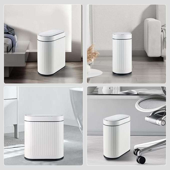 ELPHECO Slim Bathroom Trash Can with Lid, 2 Gallon White Black | Smart Garbage Can, Plastic Wastebasket, Narrow Garbage Bin, Waterproof Bathroom Decor for Bedroom