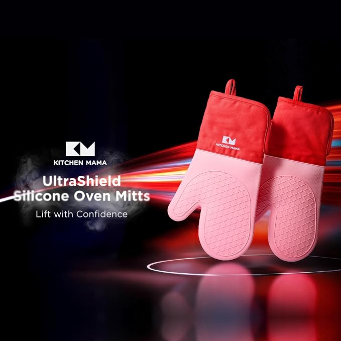 Kitchen Mama UltraShield Silicone Oven Mitts, Red | Heat Resistant, Non-Slip Surface, Waterproof, Flexible, Durable