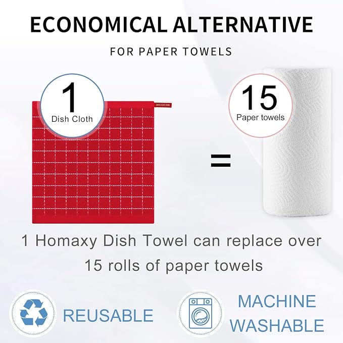 Homaxy 100% Cotton Terry Kitchen Dish Cloths, 8 Pack, Red | Ultra Soft and Absorbent, Suitable for Drying and Washing Dishes