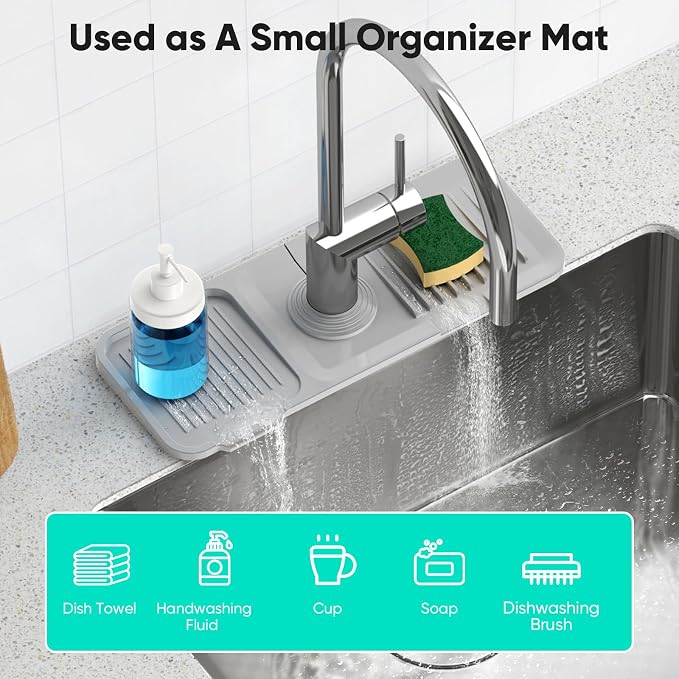 14.6'' Faucet Mat for Kitchen Sink [5°Slope Fast Self-draining] Kitchen Sink Splash Guard Silicone Kitchen Sink Faucet Mat Splash Guard for Kitchen Sink Area Faucet Guard Draining Mat Light Gray