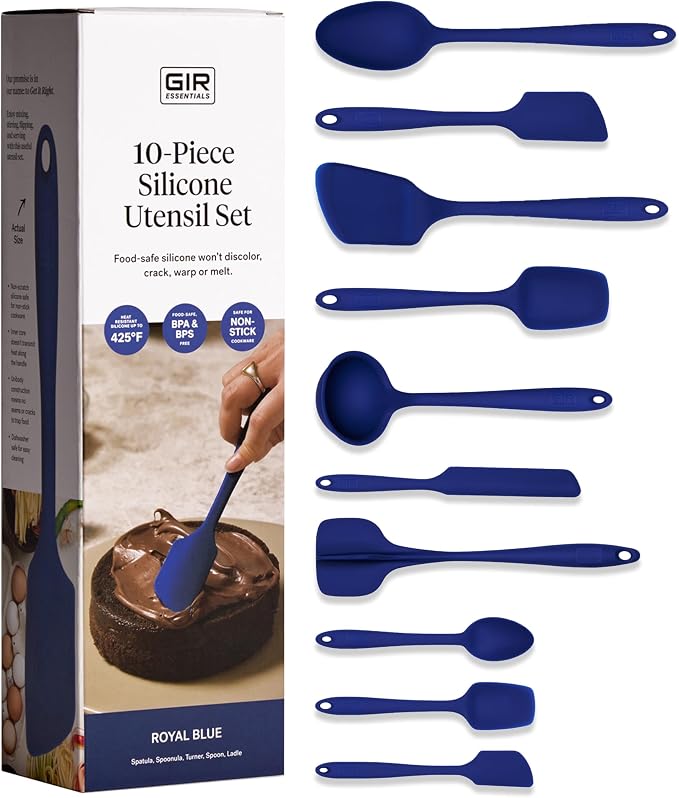 GIR: Get It Right 10-Piece Silicone Essentials Kitchen utensils set - Ladle, Spatula, Flip, Spoon & Spoonula - Non toxic cooking utensils for Nonstick Cookware, Cooking and Baking - Royal Blue