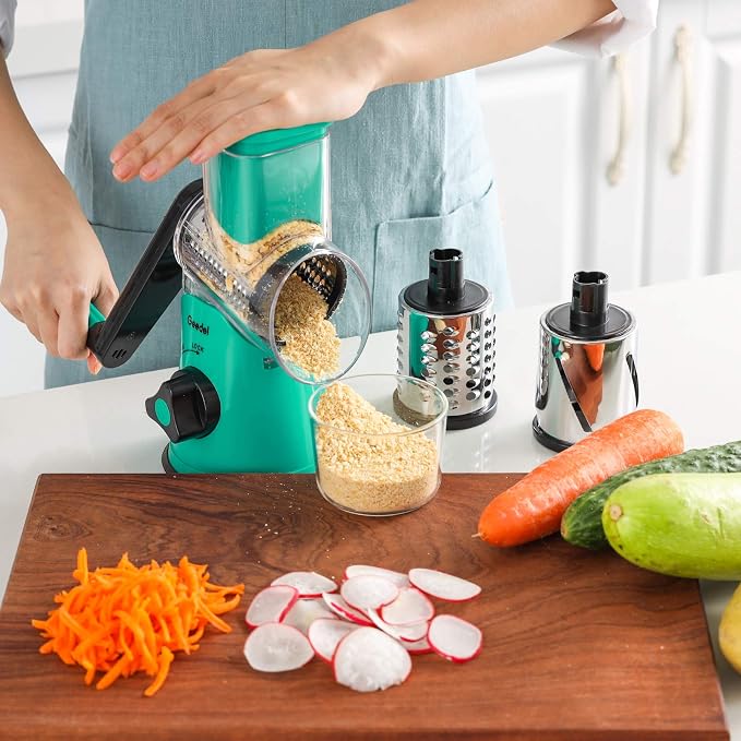 Geedel Rotary Cheese Grater Hand Crank, Cheese Shredder Vegetable Slicer | 3 Blades, 430 Stainless Steel, 12x Fast Cutting, Strong Suction Base, No BPA, Dishwasher Safe, for Cheese, Veggie, Nut