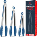 Kitchen Tongs - 12, 9 & 7 Inch Locking Silicone Tongs for Cooking, Set of 3 | Blue Tongs with Silicone Tips, Heat Resistant Tongs for Grilling, Serving, Mixing
