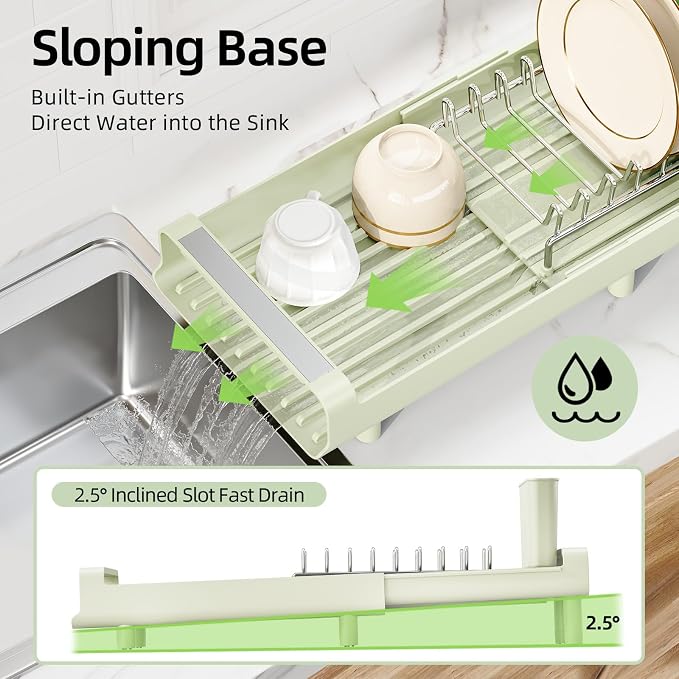 TOOLF Small Dish Drying Rack, Expandable and Space-Saving, Grayish Green | Mini Dish racks for kitchen counter, Compact Design Fits Sink or Counter, Stainless Steel Plate Rack, 11"-19.3"L×7.7"W×3.54"H