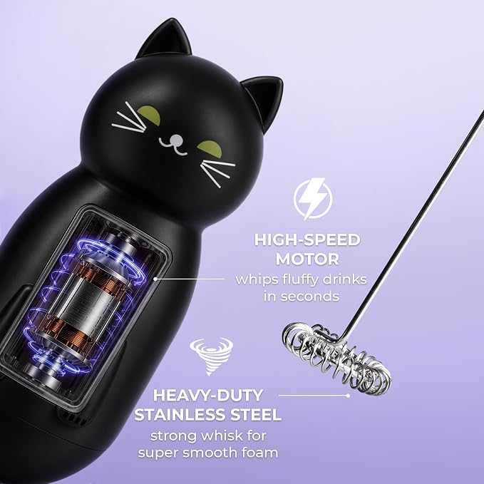 Cat-Shaped Frother Mixer – Cutesy Frother, Meet Your New Frothing Buddy Midnight The Cat, Adoption Papers and Stickers Included, Purrr-fect for Lattes, Cappuccino & Matcha – Black