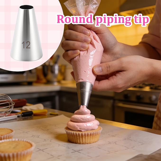 3 Pcs Round Piping Tip, #12 Stainless Steel Reusable Icing Nozzles | Professional Cake & Cookie Decorating Tips Set for Macarons, Cupcakes, Frosting and Baking Projects
