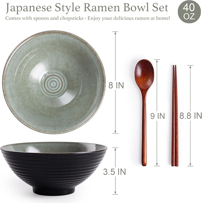 Ceramic Japanese Ramen Bowl Set, 2 Sets Asian Pho Udon Soup Noodle Bowls with Spoons and Chopsticks (Grayish Green, 8 inches)