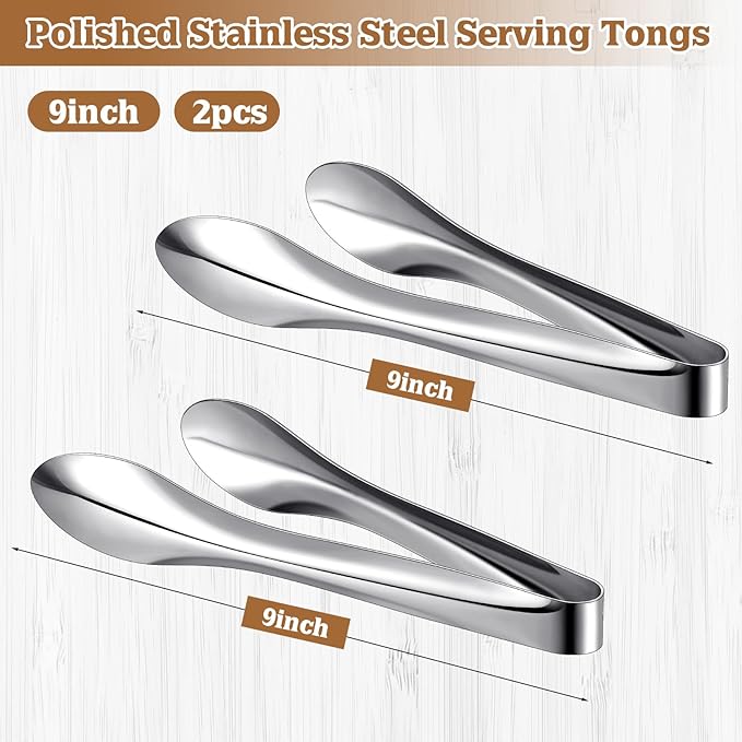 2 Pack Polished Stainless Steel Serving Tongs 9 Inch Metal Food Silver Tong for Buffet Salad BBQ Grilling Heavy Duty Kitchen Utensils for Cooking Catering Wedding Party
