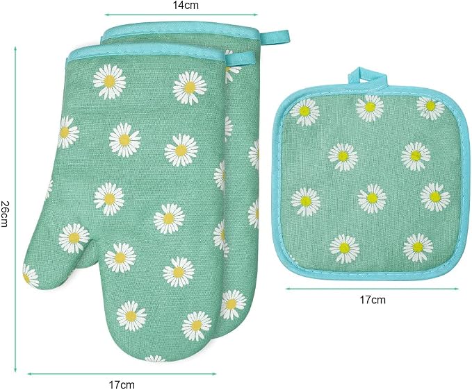 AUAUY Oven Mitts and Potholders, BBQ Gloves Heat Resistant, Daisy-Green | 1 Pair Oven Mitts + 2 Pot Holders, Cotton Non-Slip Cooking Gloves Home Essentials for Cooking Baking Kitchen Microwave Pizza