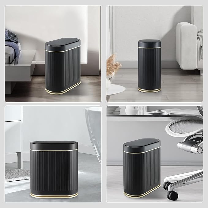 ELPHECO Slim Bathroom Trash Can with Lid, 2 Gallon Black Golden | Smart Garbage Can, Plastic Wastebasket, Narrow Garbage Bin, Waterproof Bathroom Decor for Bedroom