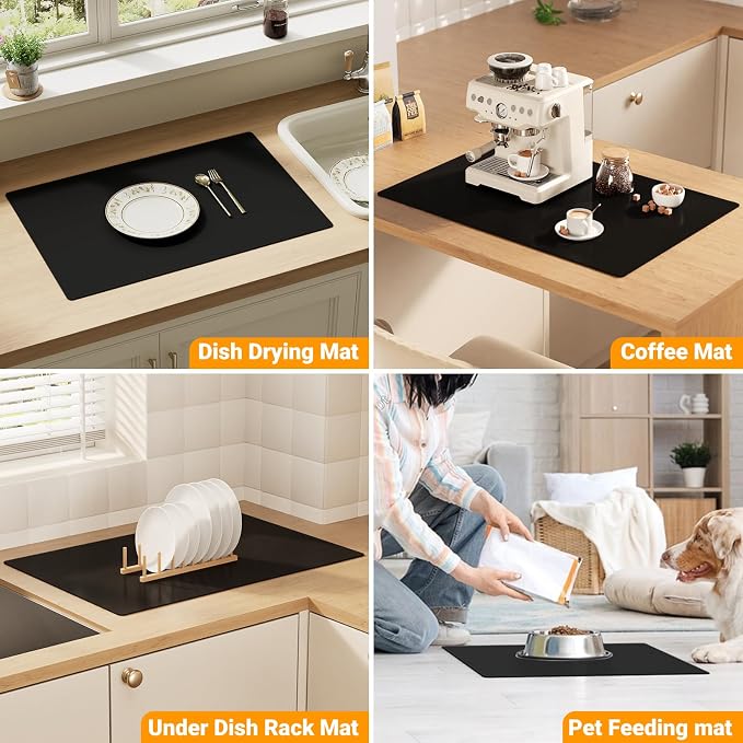 2-Pack Silicone Counter Mats 24”x16”,Black | 1.5mm thick silicone counter protector, heat resistant & non-slip. Works for air fryer, hot pots, pans and coffee maker.