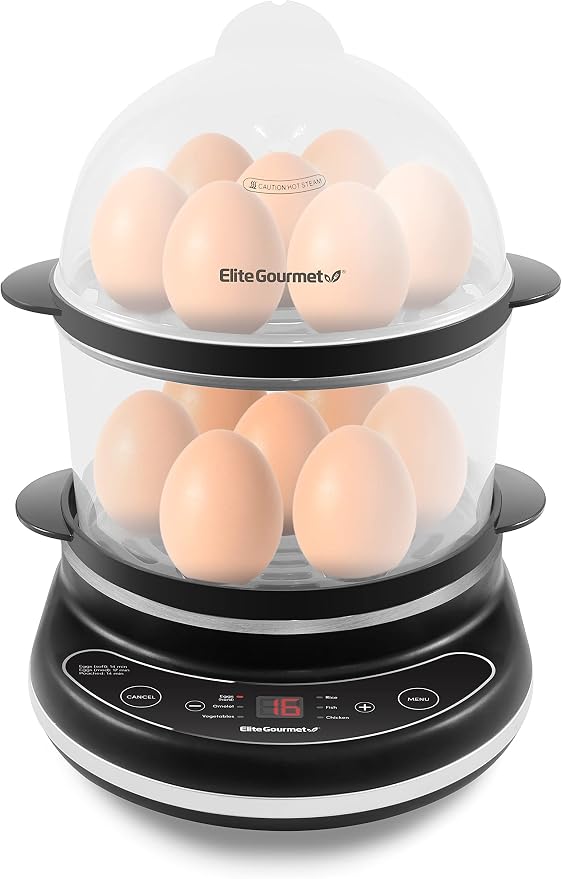 Elite Gourmet EGC314CB Digital Egg Cooker & Food Steamer, 14-Egg, Black | 6 programmed presets for poaching, omelets, and soft, medium, or hard-boiled eggs - 2-tier design with measuring cup