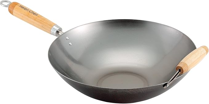 Helen's Asian Kitchen Carbon Steel Wok, 14-Inch, Flat Bottom Stir Fry Pan