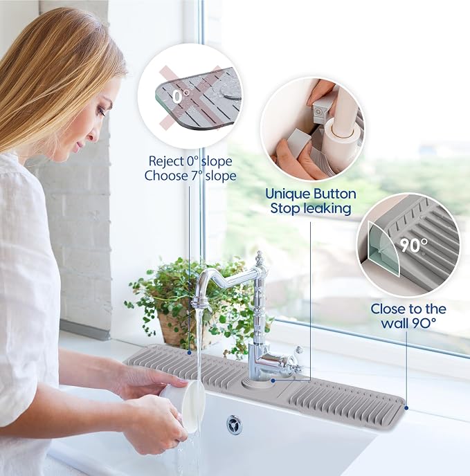 24-Inch Silicone Faucet Mat for Kitchen Sink Splash Guard, 7° Slope | 24"x5.5" water draining mat with fasten button; 1.6-2.75" customizable hole for bathroom, RV & kitchen sink drip catcher.