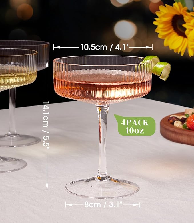 Martini Glasses Set of 4, 10oz Coupe Cocktail Glasses for Margarita | Manhattan, Cosmopolitan, Espresso, Home Bar, Evening Parties, Birthdays, Housewarming Gift