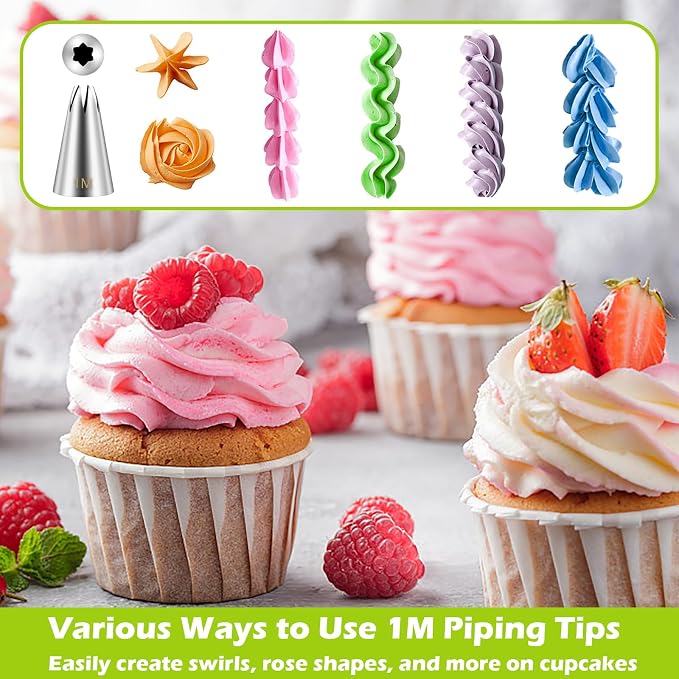 Suuker 1M Piping Tips Set, 3 Large Open Star Cake Decorating Tips | 3 Matching 1M Open Star Icing Tips for Cupcake Swirls, Rosettes, Shells, Stars and Cake Borders
